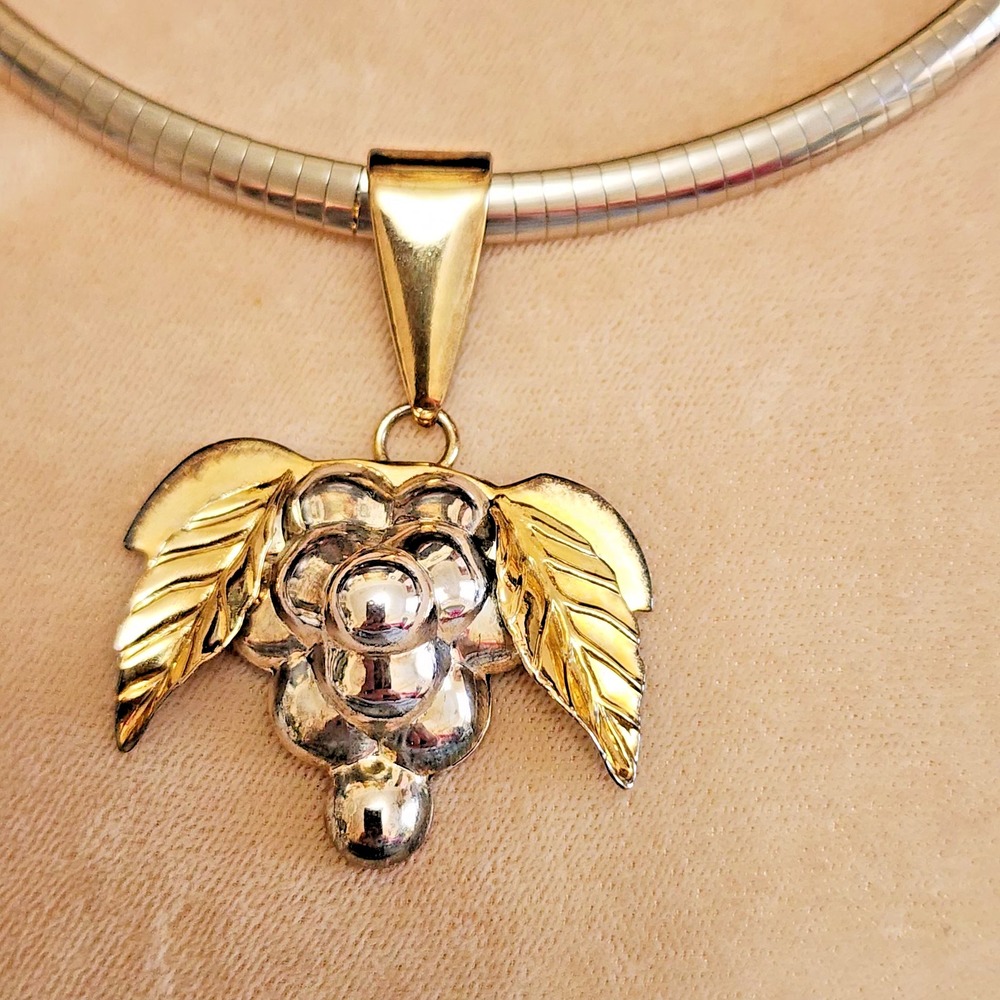 Vintage Grape Cluster Gold and Silver colored Pendant and Necklace 18"